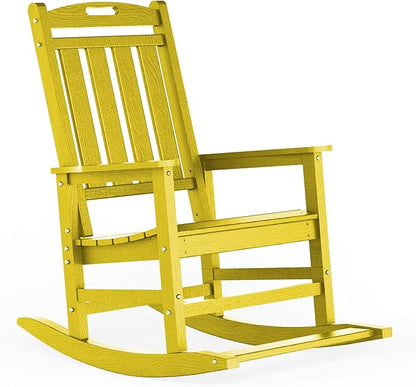 LOUNZY Outdoor Rocking Chair, HDPE Patio Rocking Chair with Footboard for Adults, All Weather Heavy Duty Front Porch Rocker, Yellow