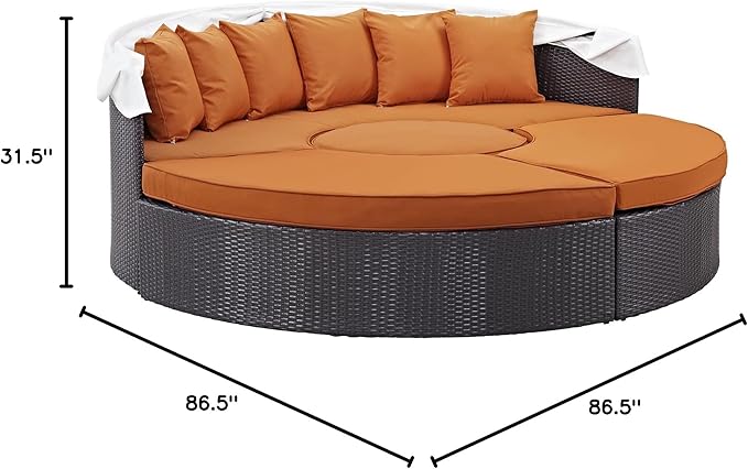 Modway Convene Wicker Rattan Outdoor Patio Retractable Canopy Round Poolside Sectional Sofa Daybed with Cushions in Espresso Orange
