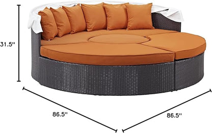 Modway Convene Wicker Rattan Outdoor Patio Retractable Canopy Round Poolside Sectional Sofa Daybed with Cushions in Espresso Orange