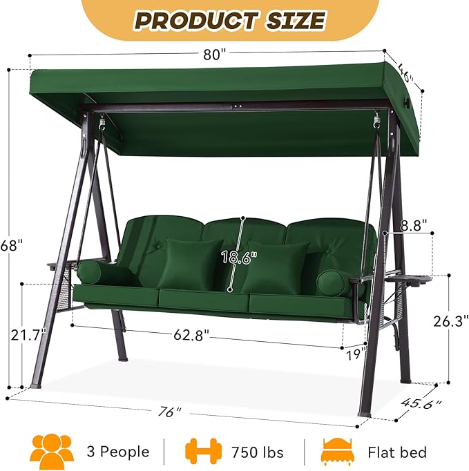 3 in 1 Outdoor Porch Swing with Canopy, 3 Seat Outdoor Swing for Adults, Patio Swing Chair with Thickened Cushions - Photo 8