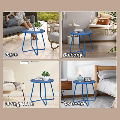 Babion Blue Outdoor Side Tables, Small Outdoor Table, Round Patio Side Table Steel, Small Accent End Table for Patio Yard Garden, Indoor & Outdoor