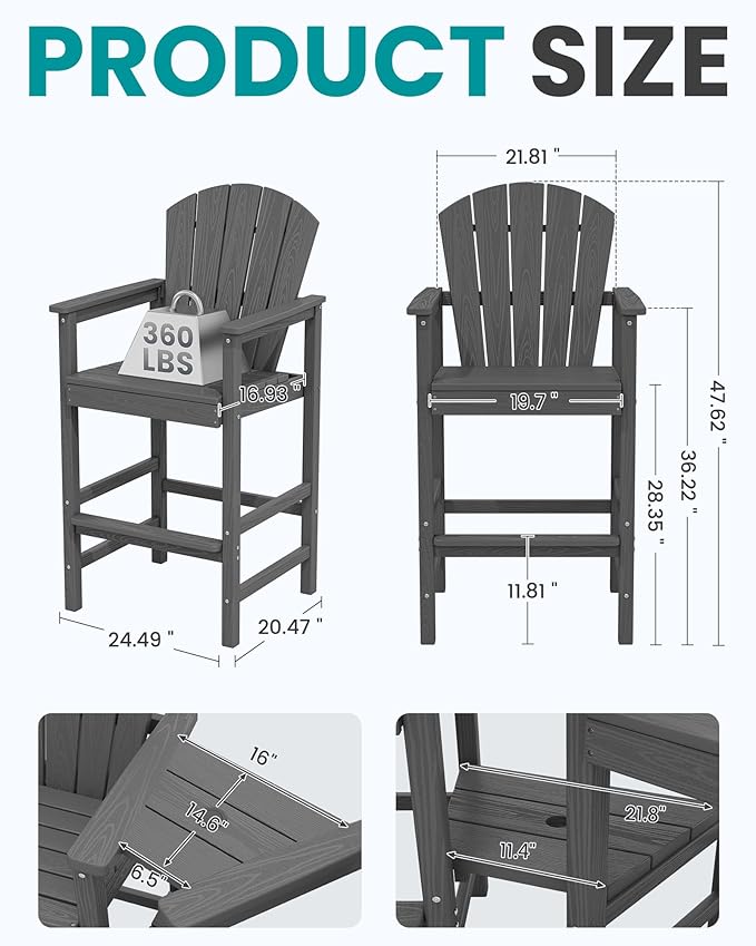 SERWALL Tall Adirondack Chairs Set of 2 with Double Layer Connecting Tray, HDPE Bar Height Outdoor Chairs - Photo 2