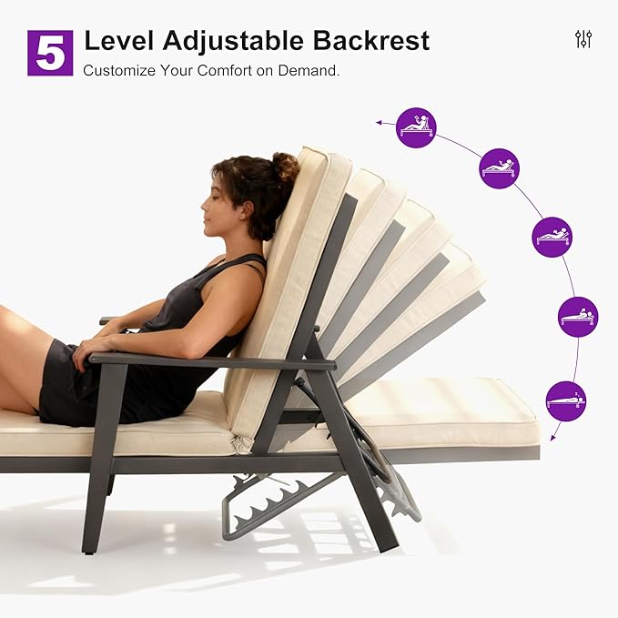 PURPLE LEAF Pool Lounge Chairs with Thick Cushions and Side Table Metal Outdoor Chaise Lounge with Adjustable Backrest Patio Lounger Set of 3 for Outside Beach Poolside Deck Backyard, Beige