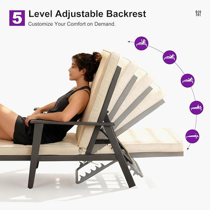 PURPLE LEAF Pool Lounge Chairs with Thick Cushions and Side Table Metal Outdoor Chaise Lounge with Adjustable Backrest Patio Lounger Set of 3 for Outside Beach Poolside Deck Backyard, Beige
