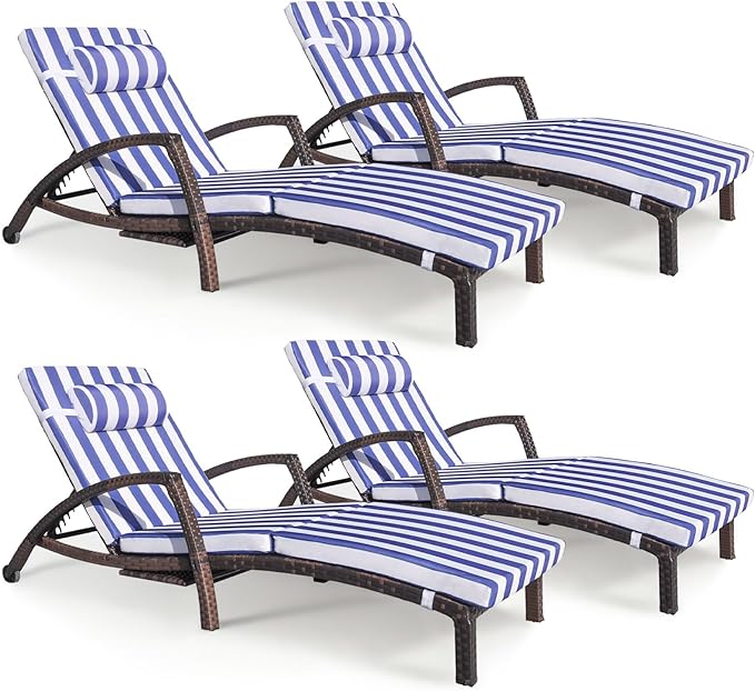 Chaise Lounge Chairs Outdoor Set of 4, Comfy Outside Wicker Patio Pool Lounge Chair w/ 5 Adjustable Back Angle - Photo 1