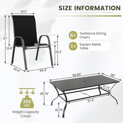 UDPATIO Patio Dining Set for 7, Outdoor Table and Chairs Set with Square Metal Table, 6 Stackable Patio Chairs, Outdoor Furniture for Deck Garden Backyard Lawn Poolside (Black)