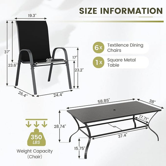 UDPATIO Patio Dining Set for 7, Outdoor Table and Chairs Set with Square Metal Table, 6 Stackable Patio Chairs, Outdoor Furniture for Deck Garden Backyard Lawn Poolside (Black)