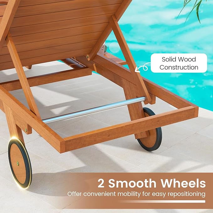 Tangkula Lounge Chair Outdoor with Wheels, Patio Wood Chaise Lounge with 4-Position Adjustable Backrest & Leg Area, Extendable Side Table, Pool Sunbathing Reclining Lounger for Outside Backyard (1)