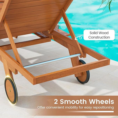 Tangkula Lounge Chair Outdoor with Wheels, Patio Wood Chaise Lounge with 4-Position Adjustable Backrest & Leg Area, Extendable Side Table, Pool Sunbathing Reclining Lounger for Outside Backyard (1)