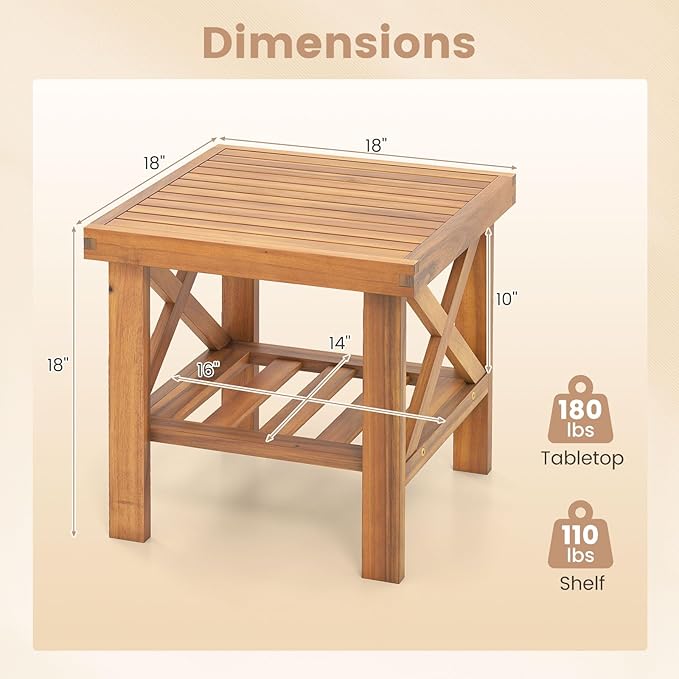 Tangkula Outdoor Side Table, 2-Tier Acacia Wood Adirondack Bistro Small Square Patio Table with Slatted Tabletop & - Photo 3
