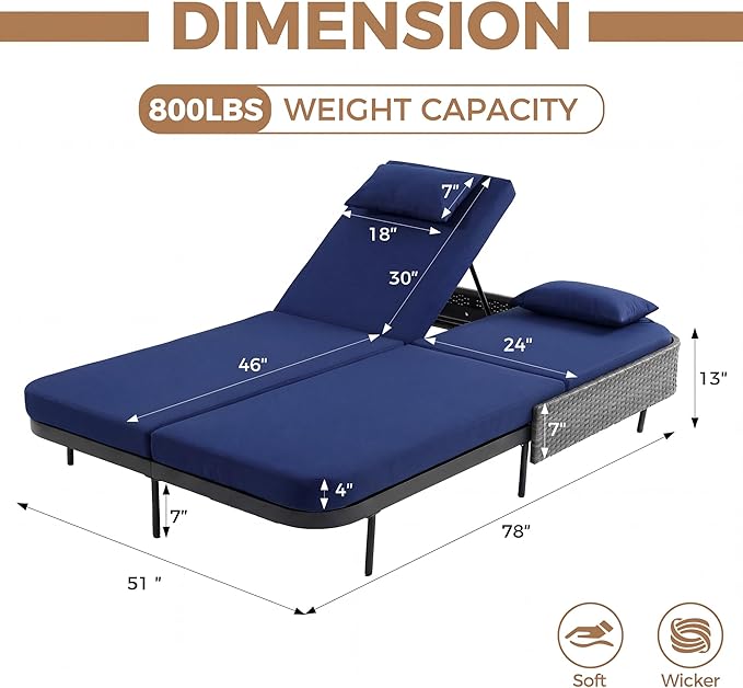 BULEXYARD 51.2" Double Chaise Lounge Outdoor, 2-Person PE Wicker Patio Daybed with Dual 5-Position Adjustable Backrest - Photo 2