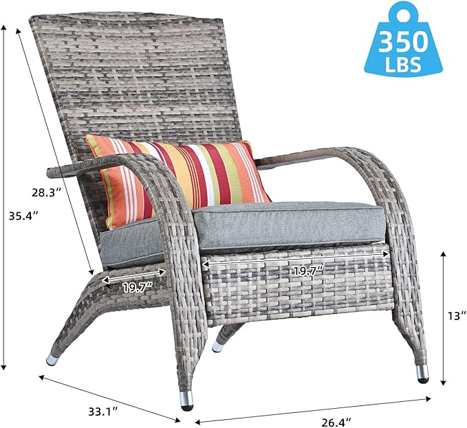 Outdoor Wicker Adirondack Chairs Set 2 Rattan Fire Pit Chairs Oversized Comfy Relax Accent Patio Chairs with Soft Cushion Low Deep Seating Tall Curved Backrest for Outside Backyard Deck Porch Grey