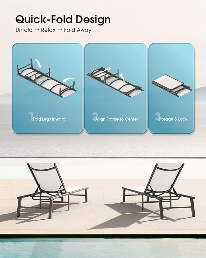 Ciokea Foldable Outdoor Lounge Chair, No Assembly Patio Chaise Lounge Outdoor with 5-Positions, Aluminum Pool Lounge Chair with Portable Design for Pool, Beach, Deck, Backyard, White