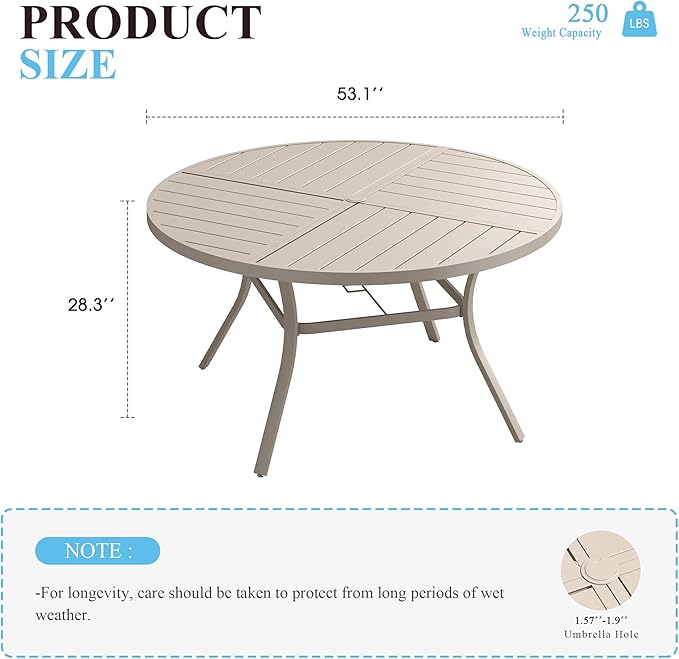 VICLLAX 53" Round Patio Table with Umbrella Hole, All Weather Metal Outdoor Dining Table for 6-8, Outside Table for Lawn Garden, Sandshell Color