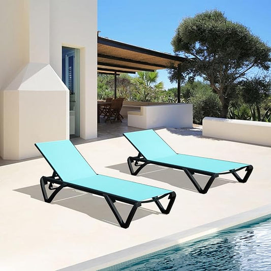 Domi Pool Lounge Chairs Set of 2, Aluminum Patio Chaise Lounge with Wheels, 5 Position Adjustable, All Weather Outdoor Lounge Chairs for Beach, Yard, Balcony, Poolside, Turquoise Blue