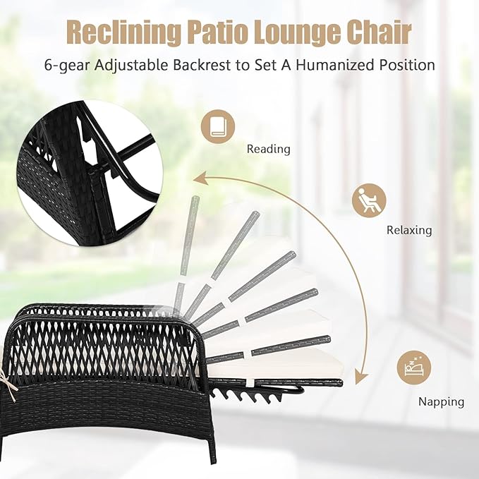 HAPPYGRILL Patio Chaise Lounge Chair Set of 2, Outdoor Rattan Wicker Recliner with Thick Cushion, Lumbar Pillow, Adjustable Backrest for Garden Porch Lawn Poolside