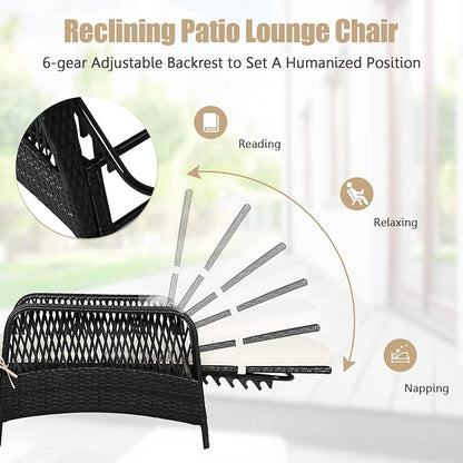HAPPYGRILL Patio Chaise Lounge Chair Set of 2, Outdoor Rattan Wicker Recliner with Thick Cushion, Lumbar Pillow, Adjustable Backrest for Garden Porch Lawn Poolside