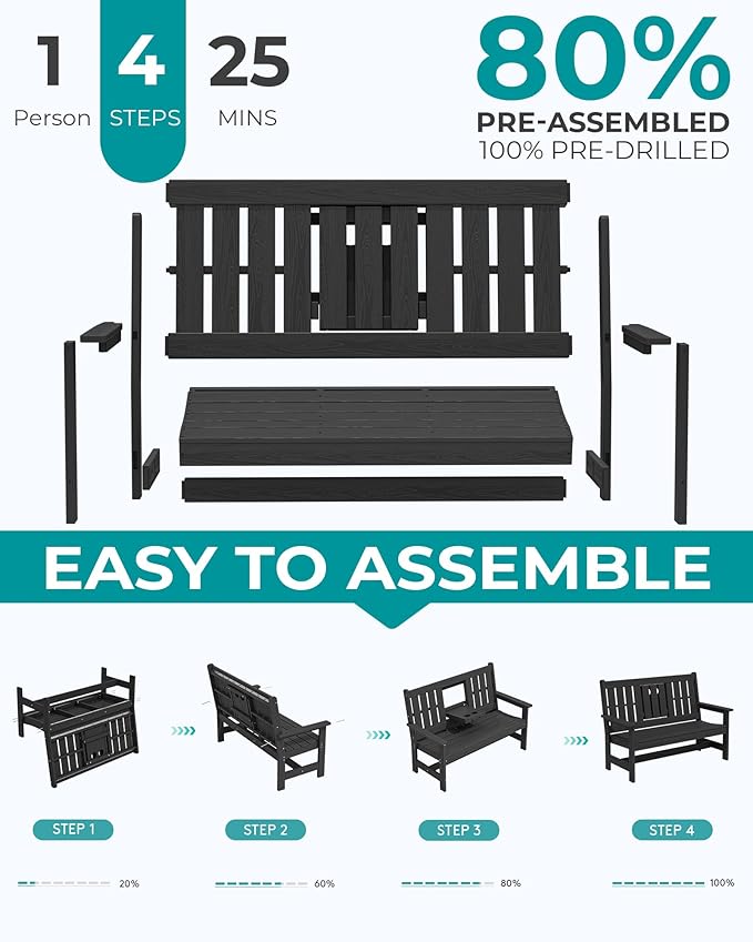 SERWALL Outdoor Bench with Cup Holder, 58" HDPE Garden Park Bench Suitable for 3 Person - Photo 7
