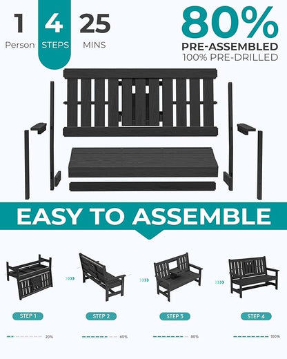 SERWALL Outdoor Bench with Cup Holder, 58" HDPE Garden Park Bench Suitable for 3 Person, All Weather Patio Benches with High Backrest and Wide Armrests for Garden, Park, Yard, Front Porch, Black