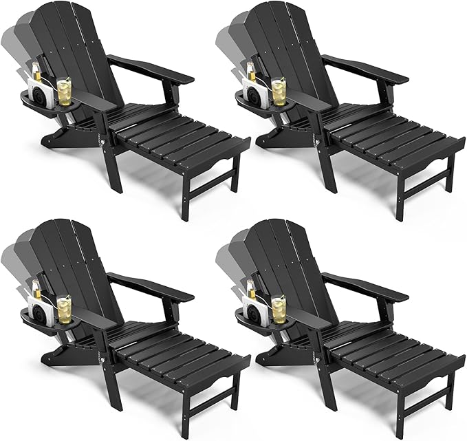 Adjustable Adirondack Chair with Retractable Ottoman Set of 4, HDPE Folding Adirondack Chair with Cup Holder, All Weather Fire Pit Chair for Outdoor,Black