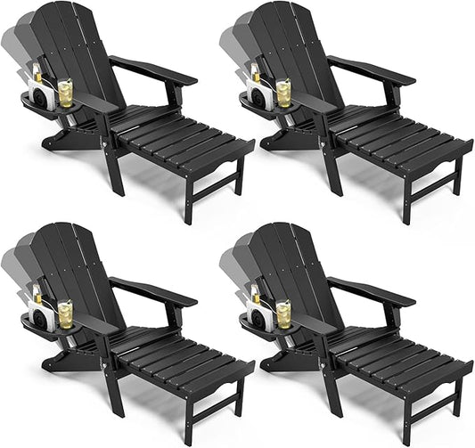 Adjustable Adirondack Chair with Retractable Ottoman Set of 4, HDPE Folding Adirondack Chair with Cup Holder, All Weather Fire Pit Chair for Outdoor,Black