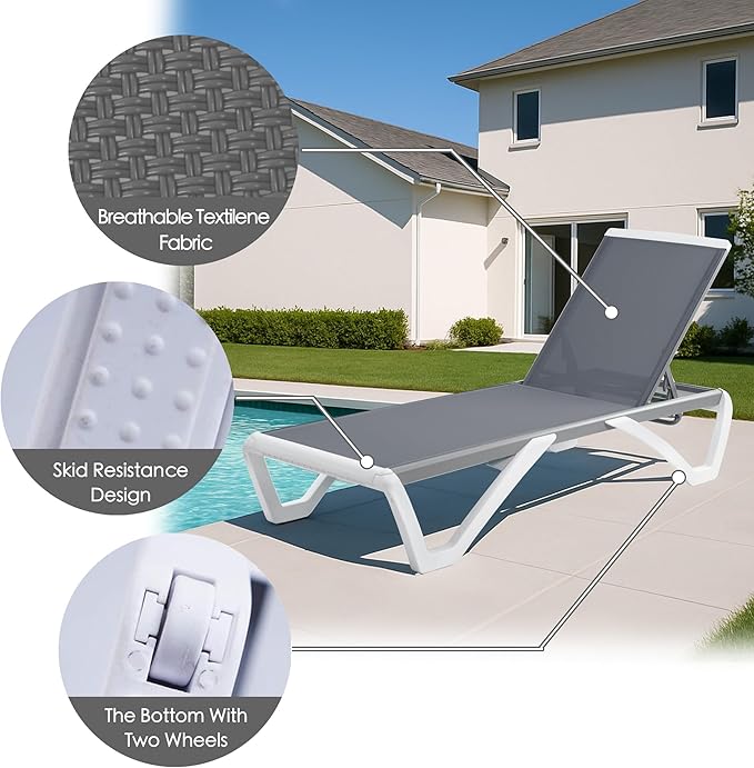 Kozyard Outdoor Chaise Lounge Chair, Full Flat Adjustable Patio Lounger with Aluminum Frame & Resin Legs, Textilene Fabric for Poolside, Backyard & Beach (Gray, Chair with Table)