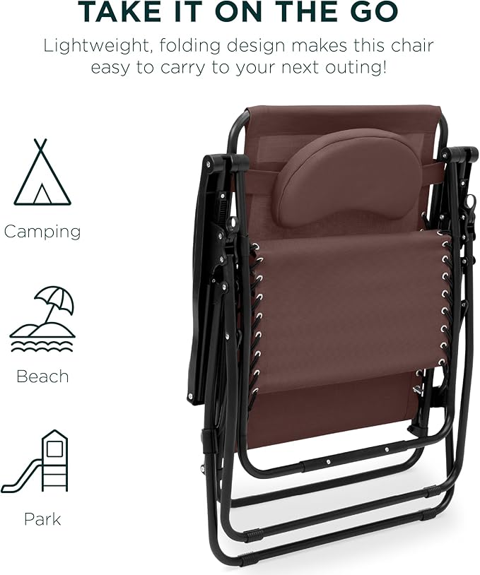 Best Choice Products Oversized Zero Gravity Chair, Folding Outdoor Patio Lounge Recliner w/Cup Holder Accessory Tray, Pillow - Brown