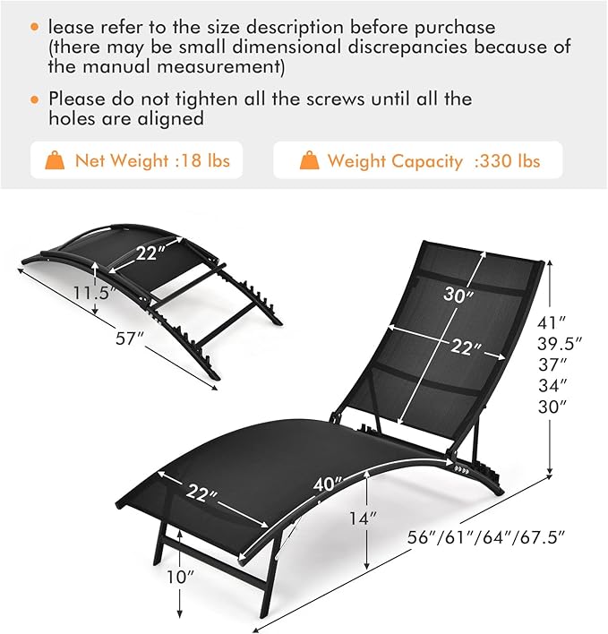 Giantex Outdoor Chaise Lounge Set of 2, Foldable Pool Lounge Chairs with 5-Position Adjustable Backrest, Quick-Drying Fabric, Patio Lounger for Backyard, Beach, Lawn, Sunbathing Recliner, Black