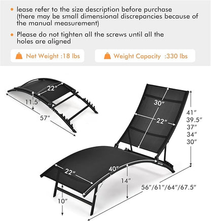 Giantex Outdoor Chaise Lounge Set of 2, Foldable Pool Lounge Chairs with 5-Position Adjustable Backrest, Quick-Drying Fabric, Patio Lounger for Backyard, Beach, Lawn, Sunbathing Recliner, Black