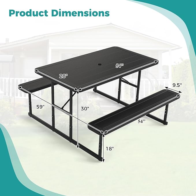 Giantex Picnic Table Bench Set for 4 People, 4.5FT Outdoor Rectangular Dining Table & 2 Benches w/Umbrella Hole - Photo 4