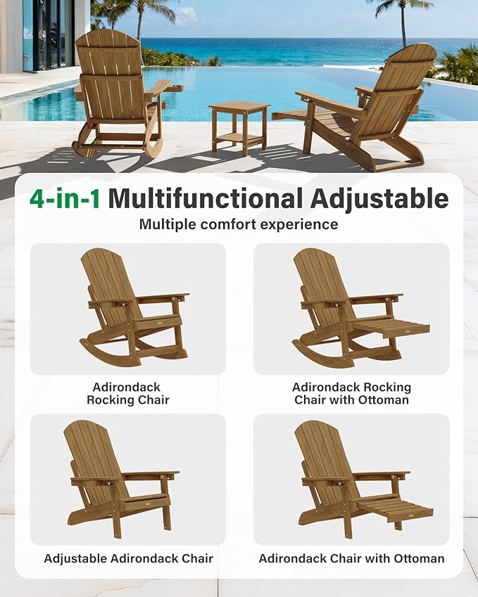 YEFU Rocking Chairs Outdoor Set of 4, Adirondack Chairs with Retractable Ottoman, Adjustable Adirondack Rocking Chair - Photo 4