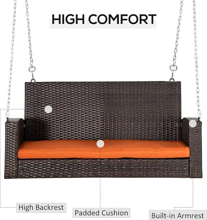 Outsunny 2 Person Wicker Hanging Swing Bench, Front Porch Swing Outdoor Chair with Cushions 550 lbs. Weight Capacity for Backyard, Garden, Orange