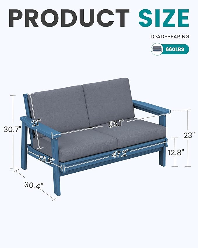 SERWALL Patio Furniture Set with 33” Fire Pit Table, HDPE Outdoor Sectional Sofa Set with Thickened Cushions, Blue Frame with Grey Cushions