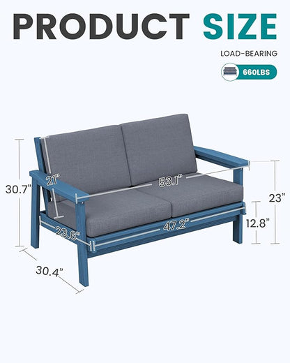 SERWALL Patio Furniture Set with 33” Fire Pit Table, HDPE Outdoor Sectional Sofa Set with Thickened Cushions, Blue Frame with Grey Cushions