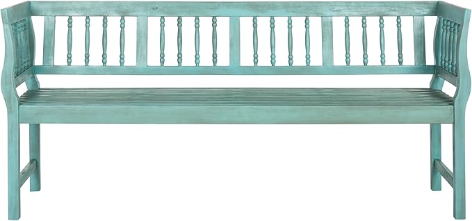 SAFAVIEH Outdoor Patio Furniture Collection – Brentwood Blue & Beige Distressed Acacia Wood Bench with Silver Accents, Classic Outdoor Seating for Porch or Garden (PAT6732D)