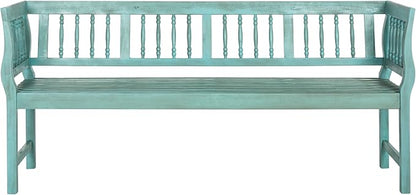 SAFAVIEH Outdoor Patio Furniture Collection – Brentwood Blue & Beige Distressed Acacia Wood Bench with Silver Accents, Classic Outdoor Seating for Porch or Garden (PAT6732D)