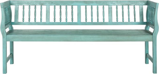 SAFAVIEH Outdoor Patio Furniture Collection – Brentwood Blue & Beige Distressed Acacia Wood Bench with Silver Accents, Classic Outdoor Seating for Porch or Garden (PAT6732D)