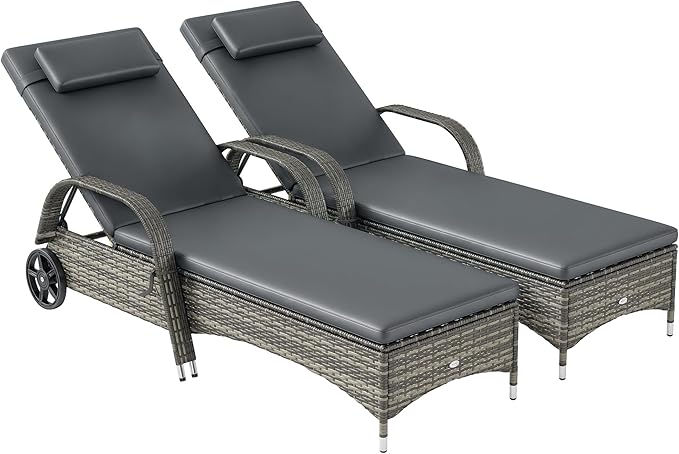 Outsunny Wicker Outdoor Chaise Lounge Set of 2, 5-Level Adjustable Backrest PE Rattan Pool Lounge Chair with Wheels - Photo 1
