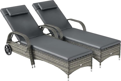 Outsunny Wicker Outdoor Chaise Lounge Set of 2, 5-Level Adjustable Backrest PE Rattan Pool Lounge Chair with Wheels, Cushion & Headrest, Mixed Gray and Gray