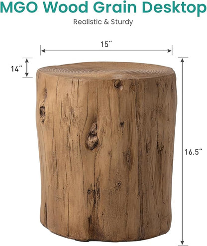 SUNBURY Outdoor Side Table Set of 2, Tree Stump Side Table Light Oak Colored Faux Wood, Wood Stump Stool, Ottoman or Plant Stand, Deck or Garden