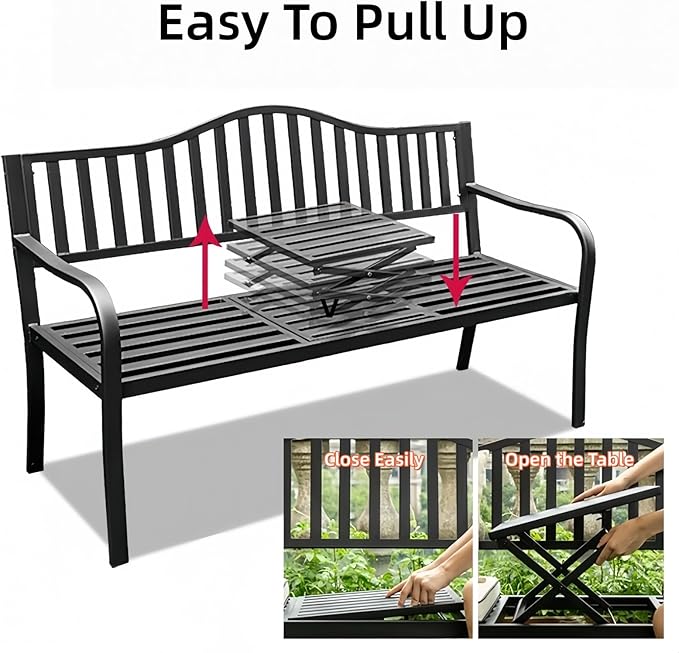 SHGJ&SOFT Outdoor Bench, Garden Bench,Outdoor Metal Frame Patio Park Bench with a Small Table,for Porch, Lawn,Garden,Yard (BK-04)
