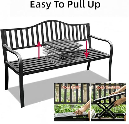 SHGJ&SOFT Outdoor Bench, Garden Bench,Outdoor Metal Frame Patio Park Bench with a Small Table,for Porch, Lawn,Garden,Yard (BK-04)