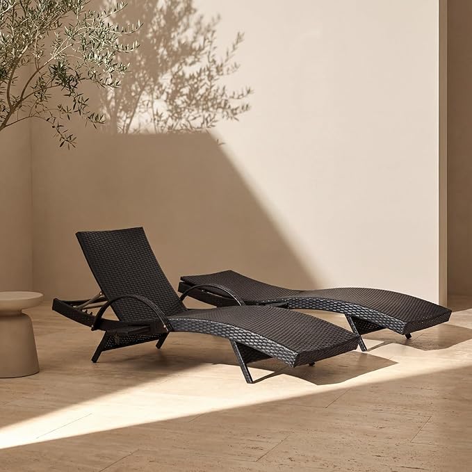Set of 2 Black Outdoor Chaise Lounge Chairs, Wicker Patio Lounge Chairs with Adjustable Backrest and Armrests - Photo 1