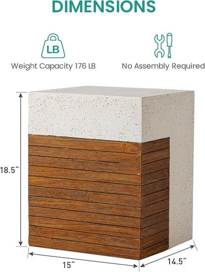 SUNBURY Outdoor Concrete Side Table, 15" W Modern Outdside End Table for Patio,Multicolored Stone Patchwork Indoor Accent Table, Square Cement Side Table Garden Stool in Woodgrain for Lawn, Backyard