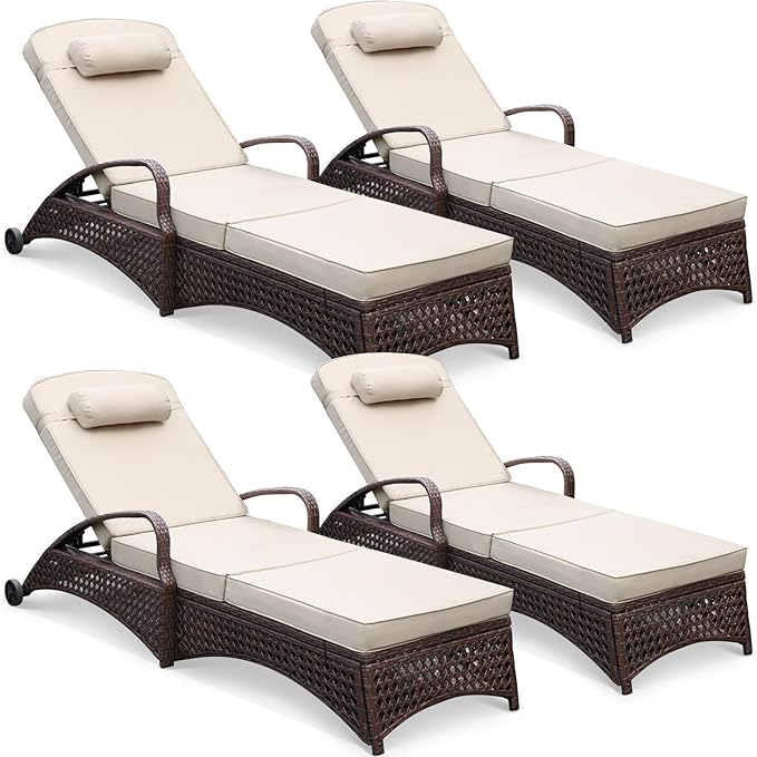 NOBLEMOOD Outdoor Chaise Lounge Wicker Patio Lounge Chair with Wheels, Adjustable 6 Position Pool Reclining Chair with Gray Thickened Fabric Cushion & Pillow, Pack of 4