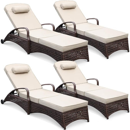 NOBLEMOOD Outdoor Chaise Lounge Wicker Patio Lounge Chair with Wheels, Adjustable 6 Position Pool Reclining Chair with Gray Thickened Fabric Cushion & Pillow, Pack of 4