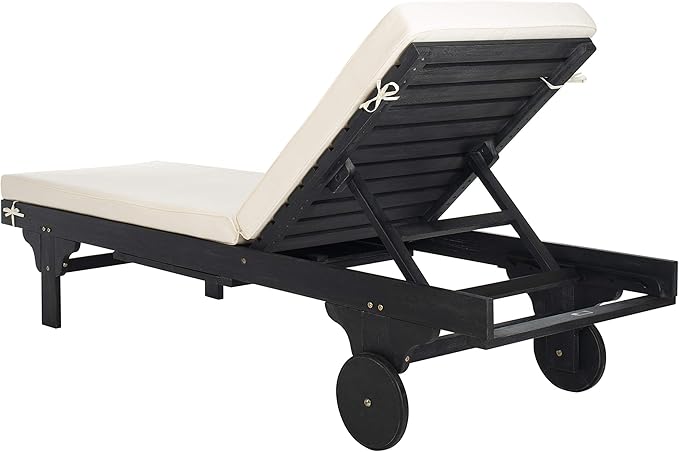 SAFAVIEH Outdoor Collection Newport Black/ Beige Cushion Built-in Side Table Adjustable Chaise Lounge Chair