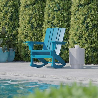 BOWERY HILL Plastic Rocking Adirondack Chair, 37.25" H x 33.5" W x 32.75" D, Blue Finish, HDPE Material, Cupholder, Indoor/Outdoor Weather-Resistant Design, Comfortable Porch Seating