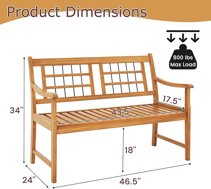 Tangkula Patio Acacia Wood Bench, Wooden 2-Person Outside Chair w/Curved Armrests, Slatted Seat & Backrest, Outdoor Loveseat for Backyard, Balcony, Garden, 800 lbs Max Load