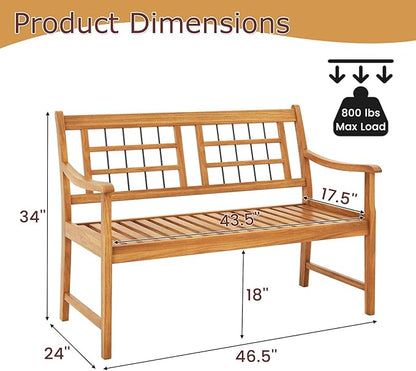 Tangkula Patio Acacia Wood Bench, Wooden 2-Person Outside Chair w/Curved Armrests, Slatted Seat & Backrest, Outdoor Loveseat for Backyard, Balcony, Garden, 800 lbs Max Load